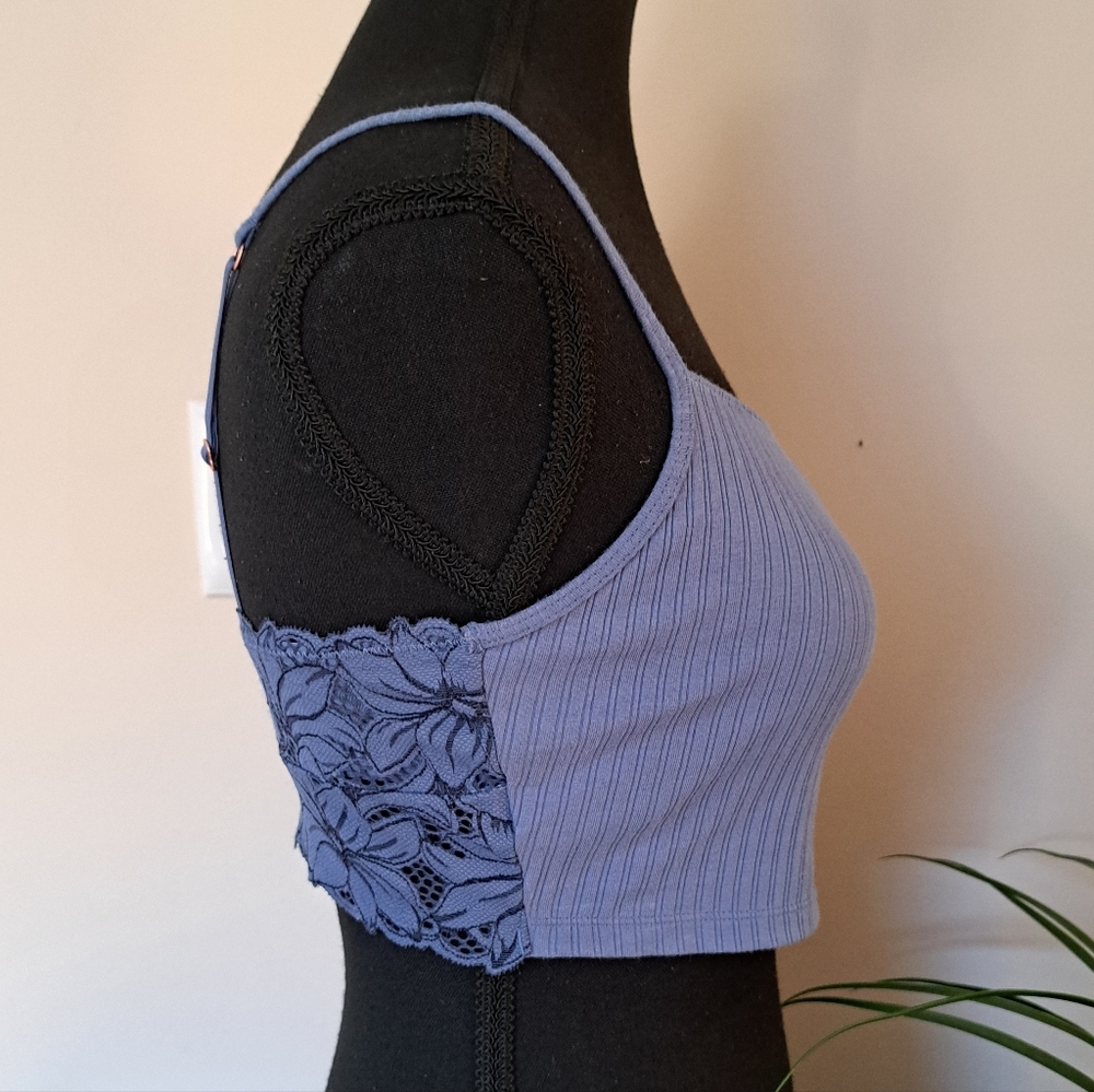 Aerie Beach Daze Lace Ribbed Bra Top Size Small Blue Cropped Lounge Casual - Picture 4 of 15